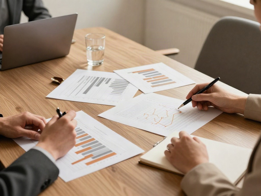 Business review session with analytical reports, charts, and collaborative note-taking
