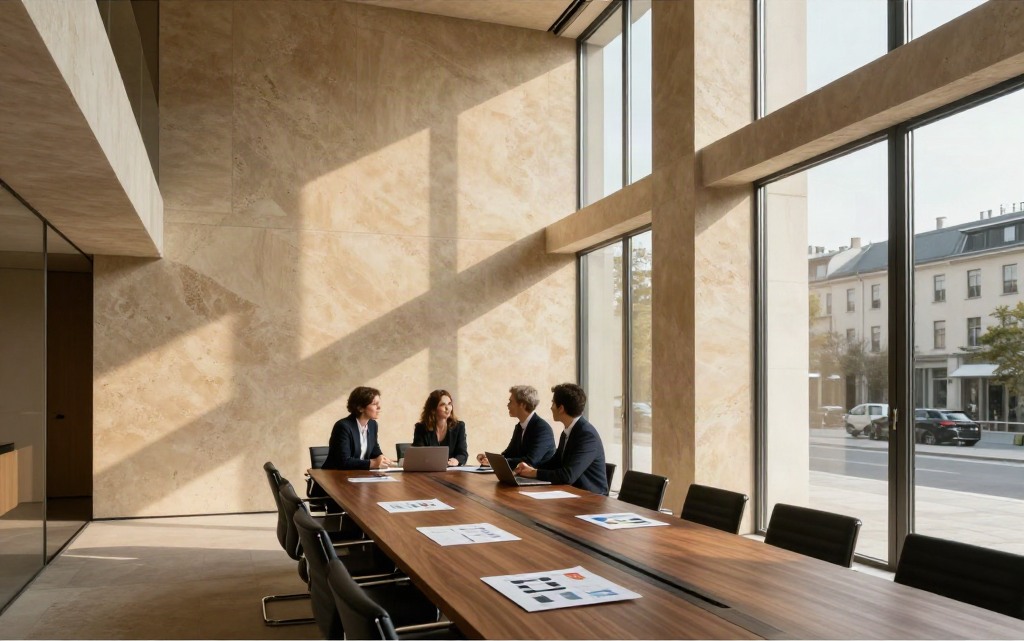 Consulting team reviewing business strategy in a sunlit architectural boardroom
